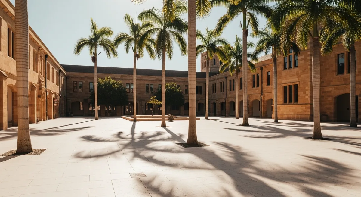 A peaceful, sunlit campus courtyard with palm trees and sandstone buildings, symbolizing a calm academic environment conducive to well-being.