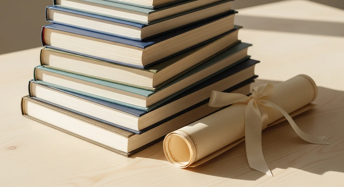 A stack of closed hardcover academic books next to a rolled diploma, symbolizing educational success and professional commitment.
