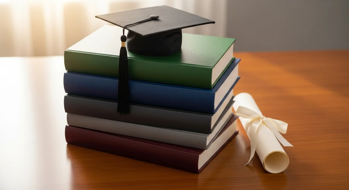 A stack of books topped with a graduation cap next to a rolled diploma, symbolizing academic achievement in psychology.