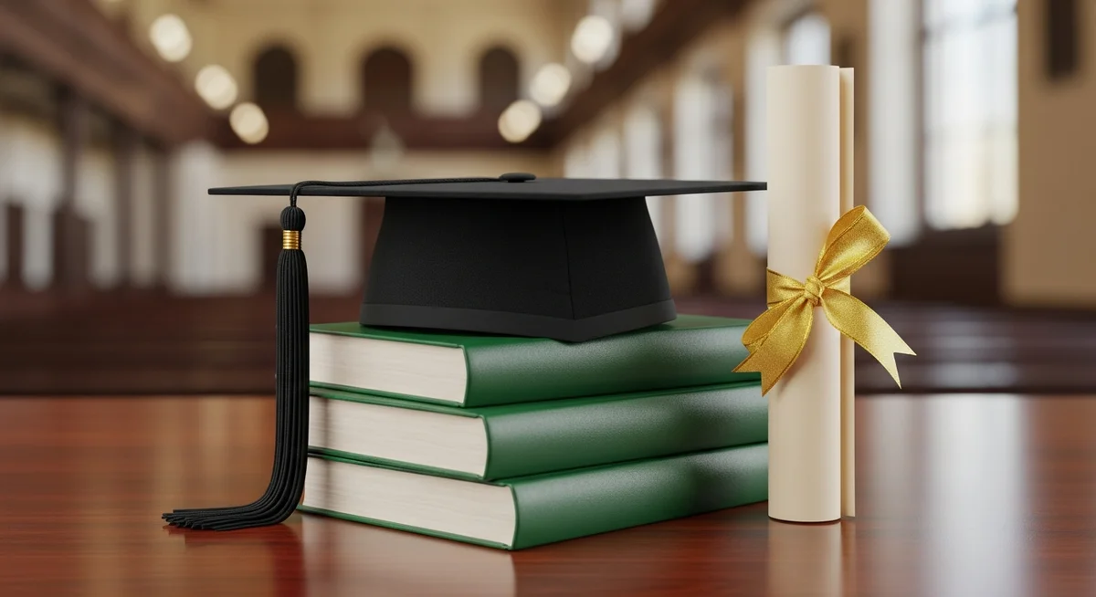A graduation cap on a stack of books next to a diploma, symbolizing high achievement and career potential.