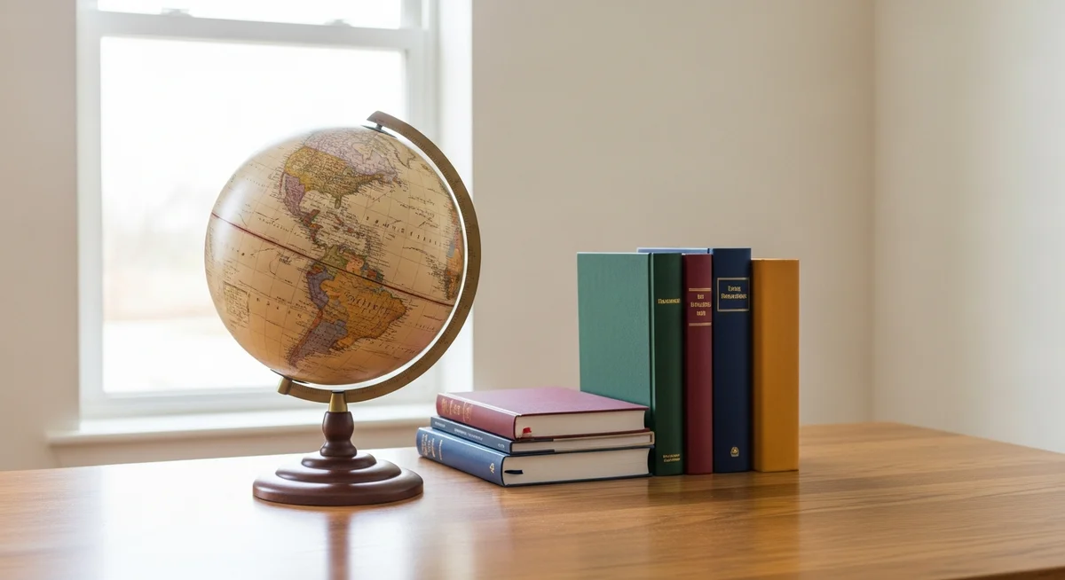 A world globe and a stack of closed books on a wooden desk, symbolizing psychology's application in corporate and global settings.