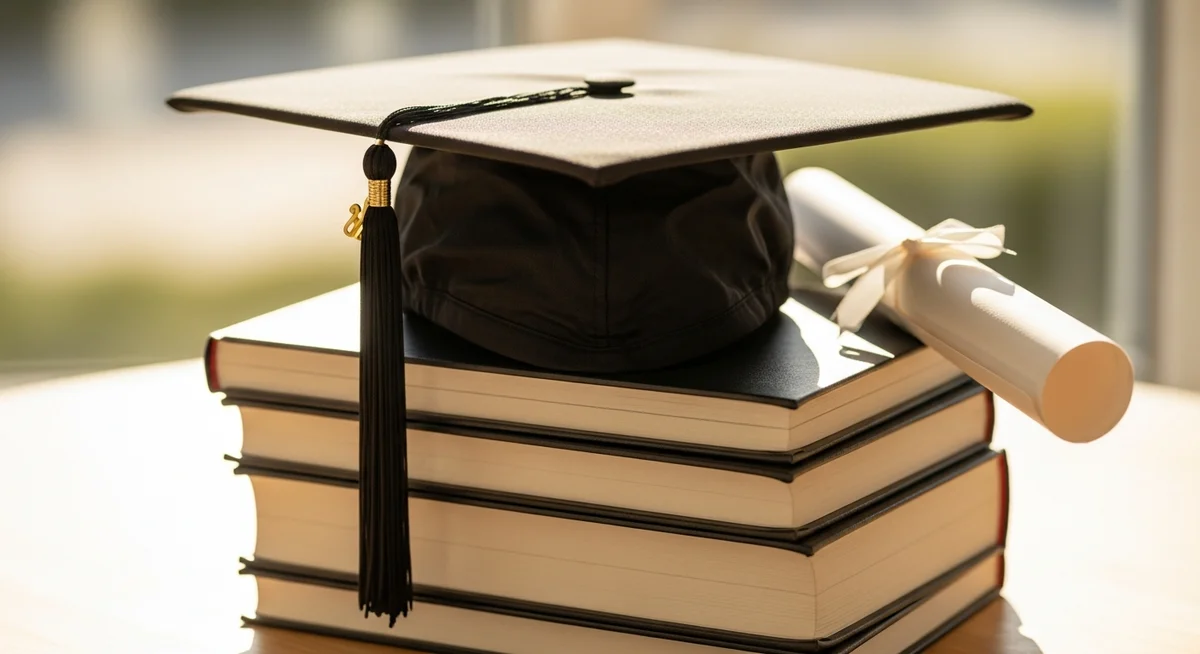 A graduation cap rests on a stack of closed books next to a rolled diploma, bathed in warm sunlight.