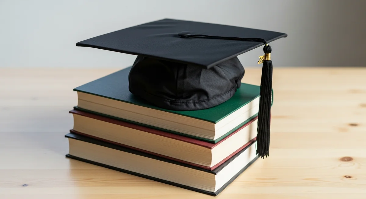 A black graduation cap resting on a stack of closed academic books, symbolizing future academic achievement and choices.