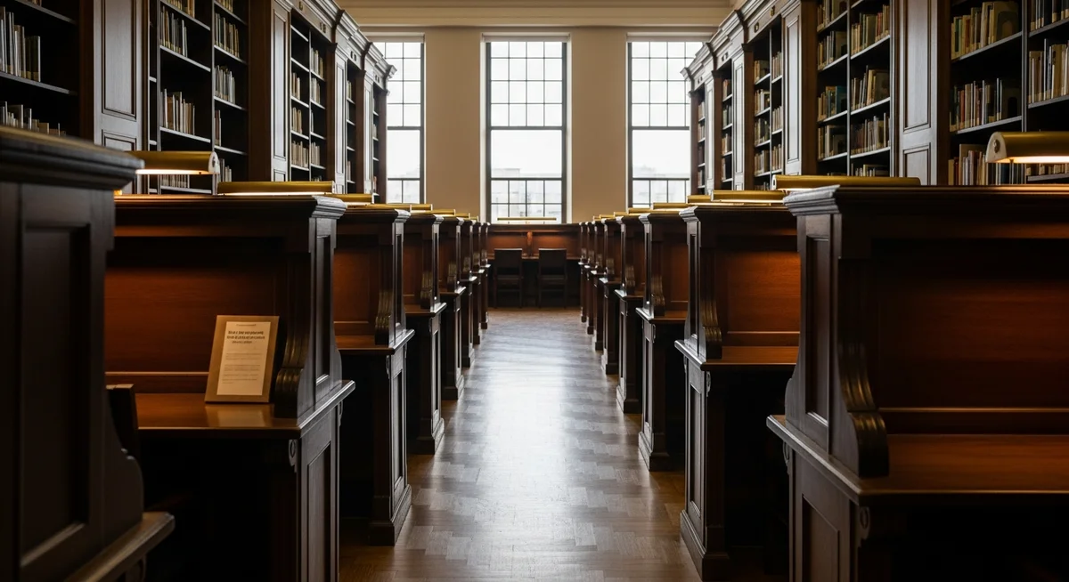 A sunlit, expansive university library reading room with tall wooden bookshelves and study carrels, evoking a scholarly atmosphere.