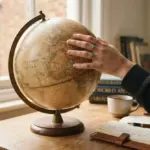 A student's hand, calm and aspirational, gently rests on a tactile vintage world globe on a clean wooden desk