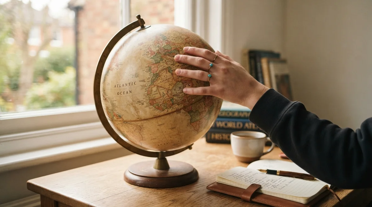 A student's hand, calm and aspirational, gently rests on a tactile vintage world globe on a clean wooden desk