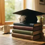 A black graduation cap rests atop a neat stack of closed hardcover books on a sunlit wooden desk