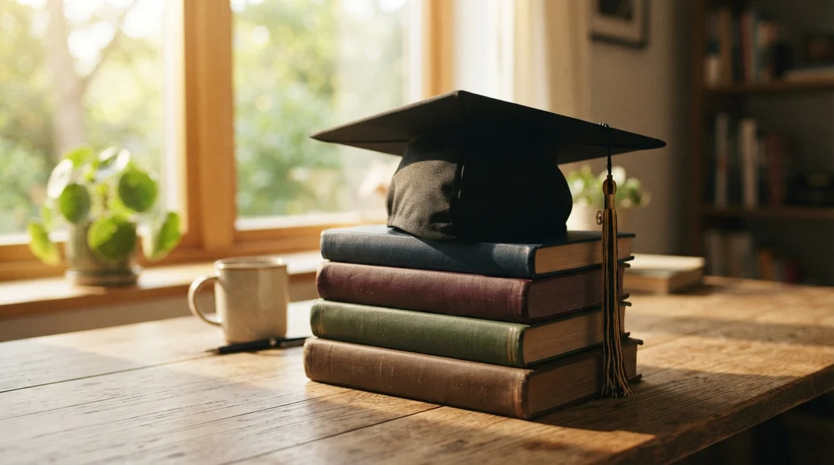 A black graduation cap rests atop a neat stack of closed hardcover books on a sunlit wooden desk