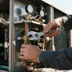A technician uses an adjustable wrench to tighten a brass fitting on an industrial air conditioning unit component