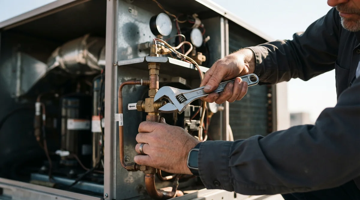 A technician uses an adjustable wrench to tighten a brass fitting on an industrial air conditioning unit component