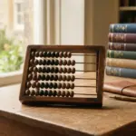 A classic wooden abacus sits prominently on a warm wooden desk, with a neat stack of closed scholarly hardcover books softly