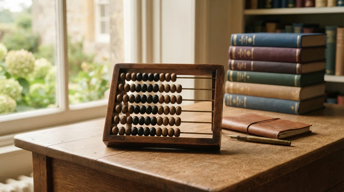 A classic wooden abacus sits prominently on a warm wooden desk, with a neat stack of closed scholarly hardcover books softly
