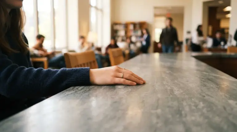 A woman's hand resting on a gray marble counter in a library setting with blurred people in the background