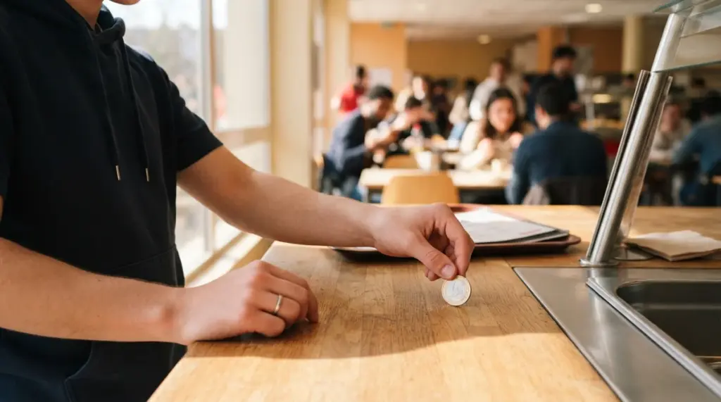 A person placing a euro coin on a wooden counter in a cafeteria with people eating in the background