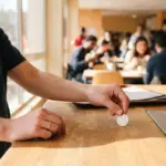 A person placing a euro coin on a wooden counter in a cafeteria with people eating in the background