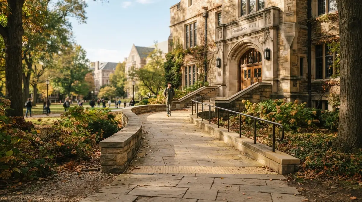A wide, gently sloping, sun-drenched stone accessibility ramp leading to a stately university building entrance
