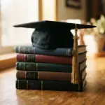 A graduation cap rests on a stack of five books on a wooden desk near a window