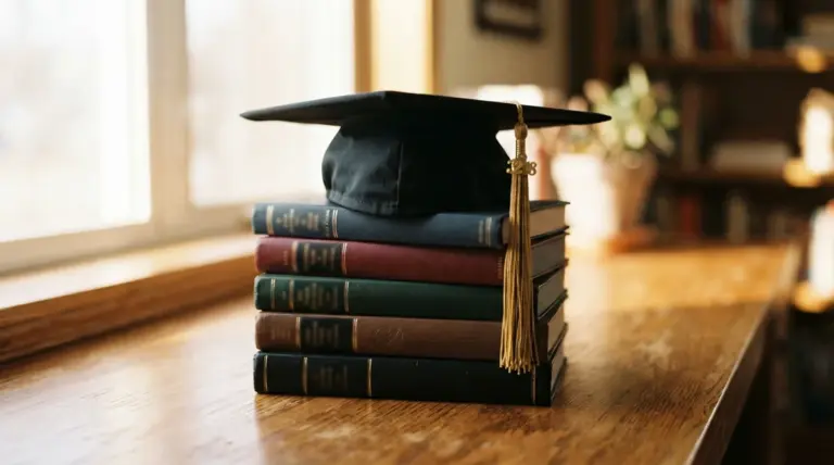A graduation cap rests on a stack of five books on a wooden desk near a window