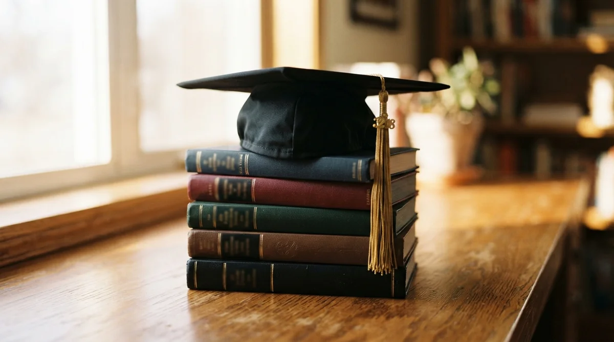 A graduation cap rests on a stack of five books on a wooden desk near a window