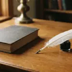 A close-up of a well-maintained, smooth wooden desk surface, bathed in warm daylight, with a single, closed