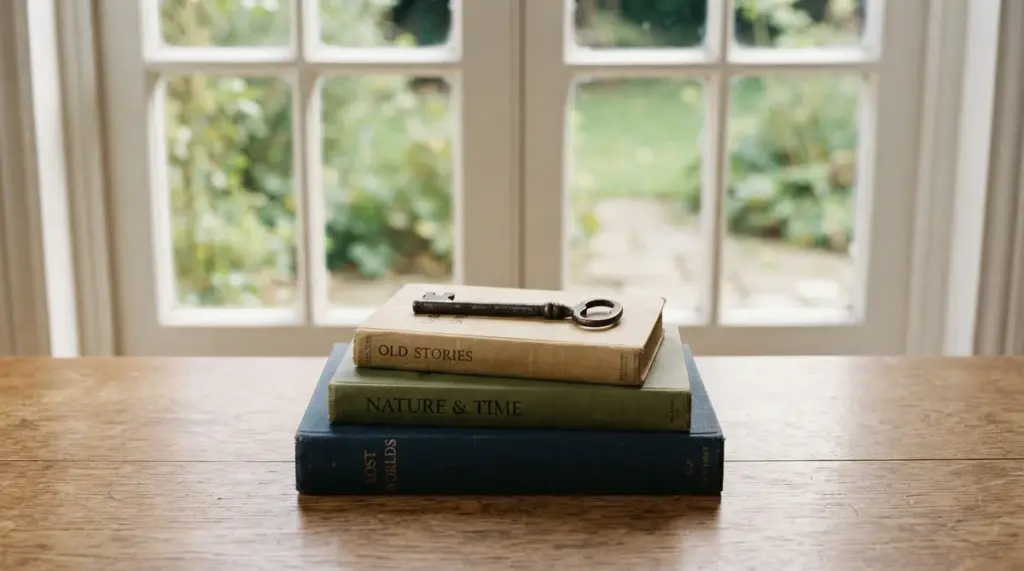A simple, old-fashioned metal key rests on a neat stack of closed hardcover books on a clean wooden desk, bathed in warm