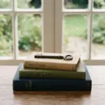 A simple, old-fashioned metal key rests on a neat stack of closed hardcover books on a clean wooden desk, bathed in warm