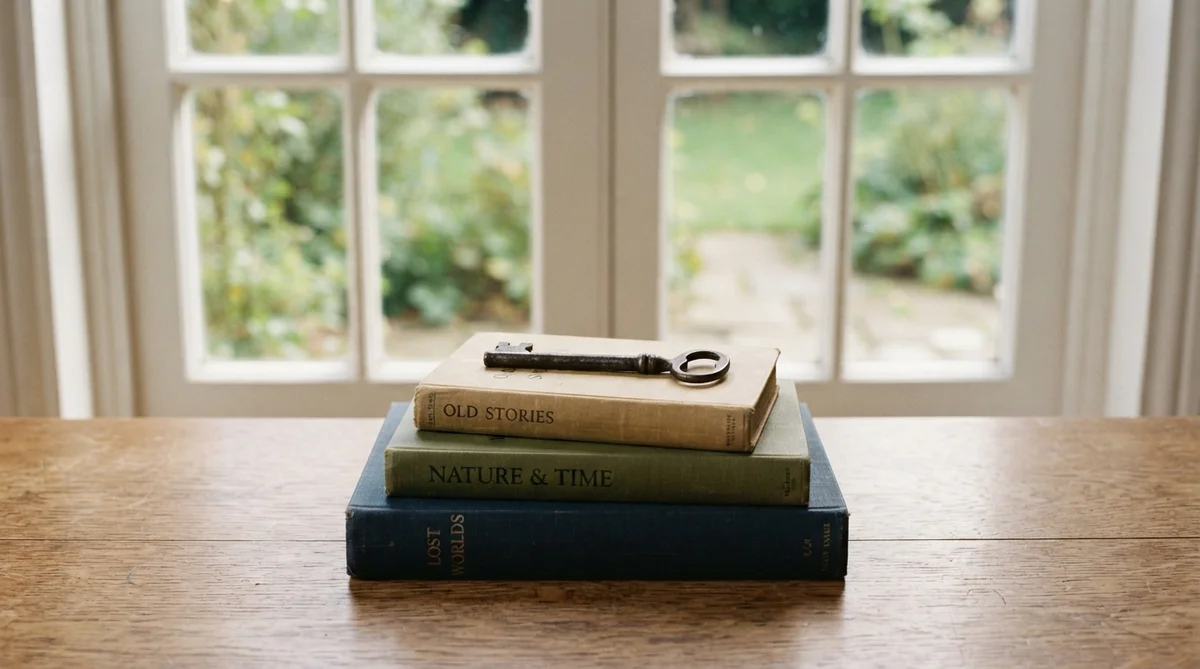 A simple, old-fashioned metal key rests on a neat stack of closed hardcover books on a clean wooden desk, bathed in warm