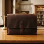 A closed, premium unbranded leather portfolio centered on a polished wooden library desk
