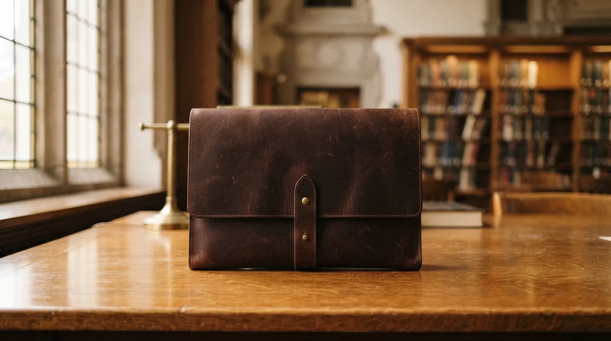 A closed, premium unbranded leather portfolio centered on a polished wooden library desk