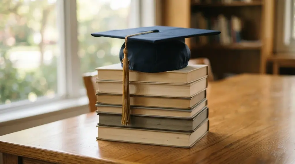 A dark blue graduation cap rests on a neat stack of neutral-colored, closed hardcover textbooks