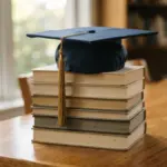 A dark blue graduation cap rests on a neat stack of neutral-colored, closed hardcover textbooks