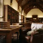 A sunlit, traditional university law library reading room with high vaulted ceilings and dark wood paneling
