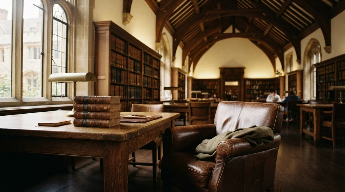 A sunlit, traditional university law library reading room with high vaulted ceilings and dark wood paneling